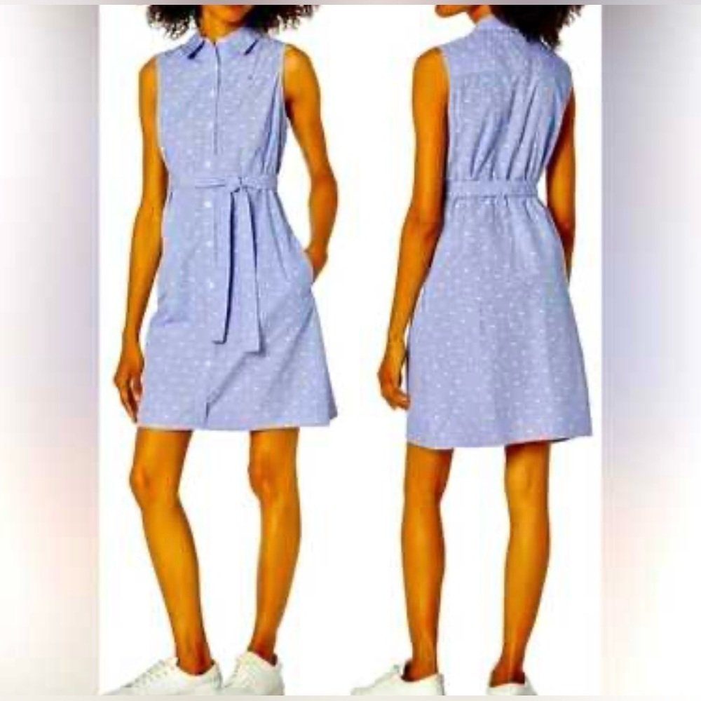 TOMMY HILFIGER Blue Sleeveless Belted Boho Button-Down Shirt Dress